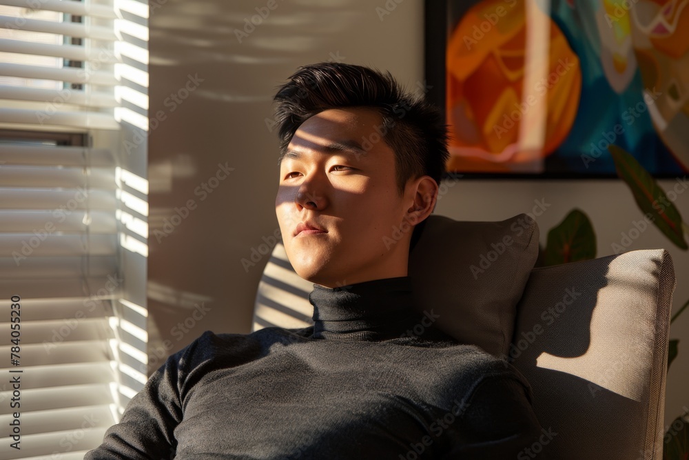 Aufkleber evocative image of a casually dressed man reclining in a chair with sunlight streaming through the b