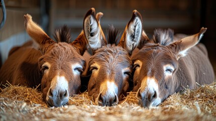   A collection of donkeys clustered near a haystack, noses proximately positioned towards the camera - obrazy, fototapety, plakaty