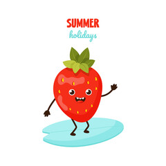 Summer poster with cute funny strawberry character. Cute hand drawn poster with fruit on seaside holiday. Summer Card of strawberry character on surf board