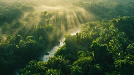 The morning sun pierces through thick jungle foliage, casting a magical light over the verdant landscape - obrazy, fototapety, plakaty