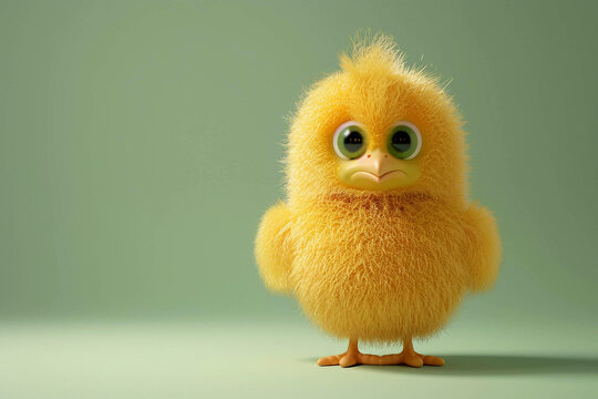 3D illustration of a cute fluffy little chicken on a light green background.