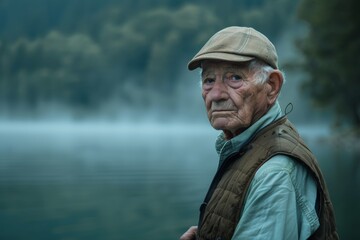 A pensive senior man stands by a foggy lake at dawn, his thoughtful gaze capturing the serenity of the natural surroundings