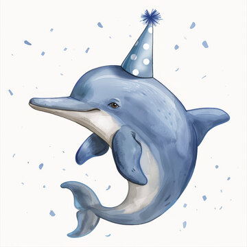Children's book illustration of a dolphin wearing a party hat