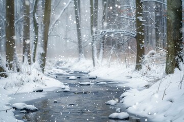 Winter Wonderland, Serene Snowy Forest Scene with Stream