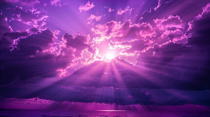 Purple Sunset: Glow of the Sun through the Clouds at Dusk. - 784056635