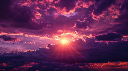Purple Sunset: Glow of the Sun through the Clouds at Dusk. - 784056822