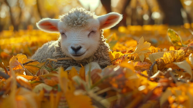   A close-up of a sleeping sheep in a field of leaves, its eyes closed, and head at rest on the ground