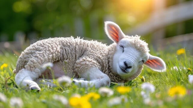   A sheep rests in the grass, its eyes closed, head reclining on its back