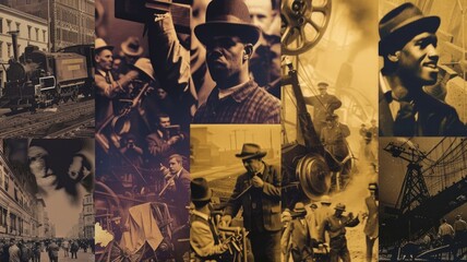 montage of historical images depicting significant labor movements and milestones in American history, celebrating the achievements and rights won by workers