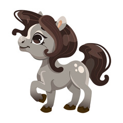 Cute cartoon pony with brown mane on a white background, vector illustration for childrens media. Vector illustration