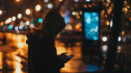a moment in an urban setting during nighttime. The focal point is a person standing on a sidewalk, engrossed in their phone - obrazy, fototapety, plakaty