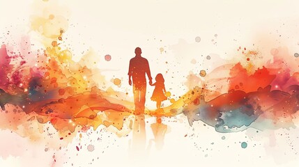 Silhouette of Father and child in Vibrant Watercolor