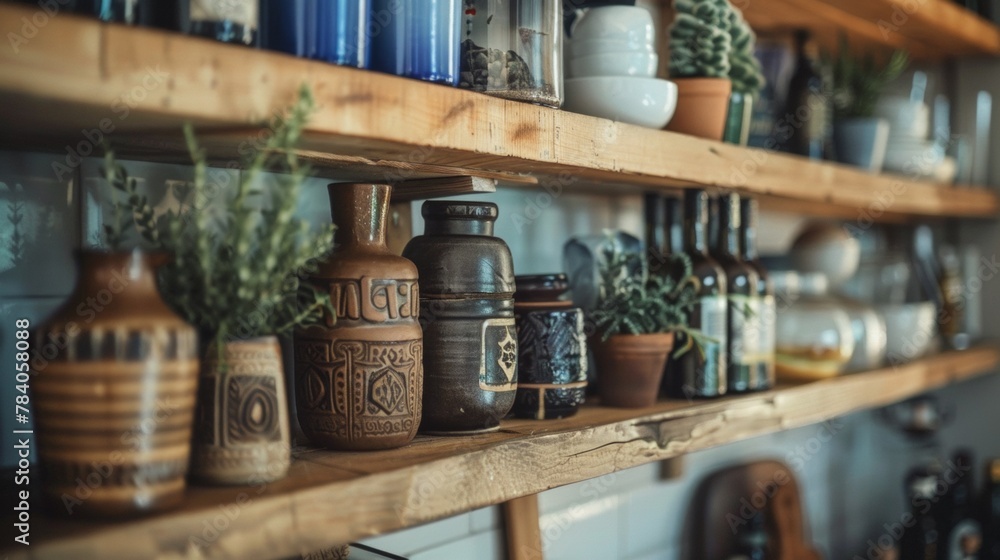 Poster a shelf with many different types of vases and bottles on it, ai