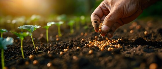 Hand Planting Seeds for Future Growth. Concept Gardening, Sustainability, Environmental Conservation, Planting Techniques, Seed Propagation - obrazy, fototapety, plakaty
