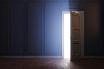 Door opening to the bright light. Abstract image of a portal, another dimension, space for hope, freedom, future