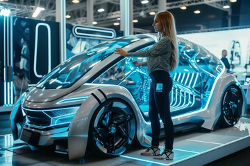 A woman presenting a futuristic electric car at an expo.