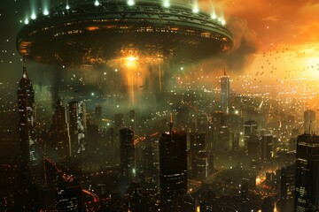 Obraz premium Fictional attack by an alien UFO mothership on a major city.
