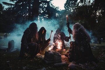 Fictional Illustration of several gothic people practicing a dark magic ritual on a graveyard.