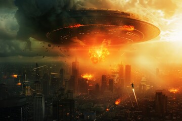 Obraz premium Fictional attack by an alien UFO mothership on a major city.