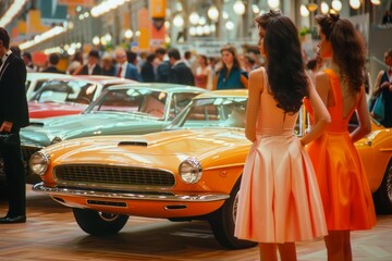 Ladies in elegant dresses presenting vintage sports cars at a trade fair.