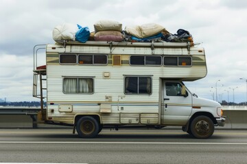 An overloaded motorhome on the highway.