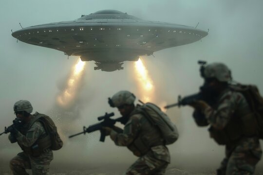 Soldiers fend off a fictional attack of a UFO.