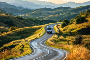 A new motorhome on a winding road with breathtaking scenery.
