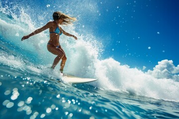 A sexy woman in a bikini standing of a surfboard on a wave.