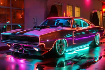 A very heavily tuned muscle car with neon lights.