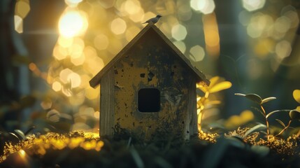 A bird sits on top of a small wooden house, AI