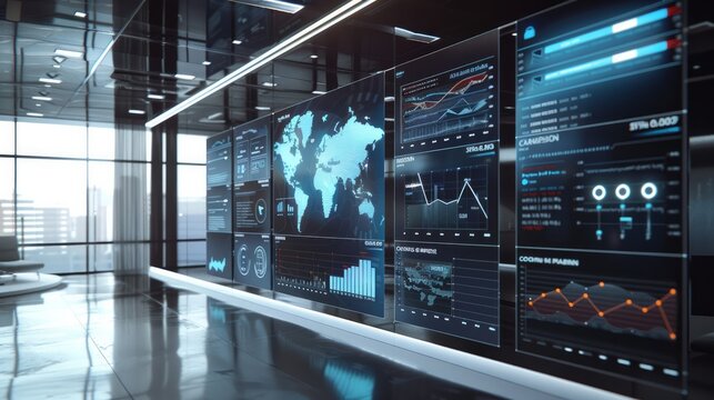 Interactive Wall Display: Showcase the sleek, interactive wall screen with dynamic digital market analysis graphs, charts, and data visualizations. Generative AI