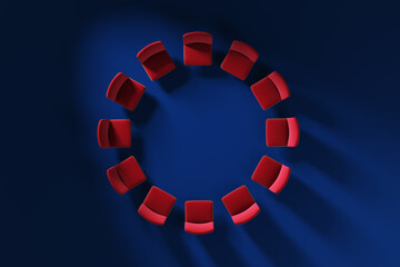 Leadership Concept. The chairs in the hall or auditorium are arranged in a circle, top view. 