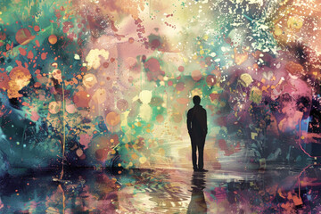 Abstrakte Illustration: Ein Mann steht einsam in einer mysteriösen farbüberflutenden Landschaft. KI generiert. - obrazy, fototapety, plakaty