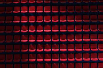 Chairs in a cinema hall or theater, top view. 3d illustration