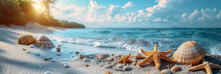 Summer vacation background, seashells and starfish on the beach - obrazy, fototapety, plakaty