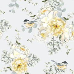 White rose flowers and leaves bouquets, chickadee birds, gray background. Floral illustration. Vector seamless pattern. Botanical design. Nature garden plants