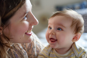 A cute baby babbling happily while the mom listens attentively.