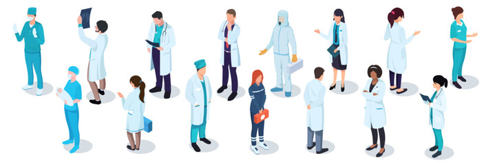A variety of medical professionals in isometric style, set on a plain white background, illustrating healthcare and teamwork. Vector illustration - obrazy, fototapety, plakaty