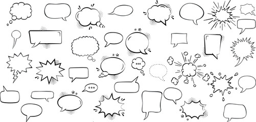 Vector chat speech or dialogue. Set of hand-drawn speech bubbles. There are icons such as arrows, dots, and sparkles.