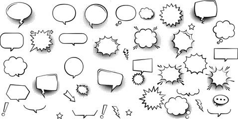 Fototapeta premium Vector chat speech or dialogue. Set of hand-drawn speech bubbles. There are icons such as arrows, dots, and sparkles.