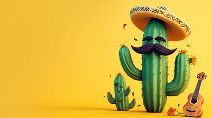 Cinco de Mayo cartoon cactus wearing a Mexican sombrero hat, moustache and guitar. Fun festive background with copy space. 