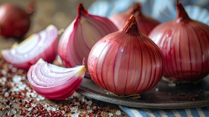   A close-up of onions on a plate, situated on a table Nearby, more onions and seasonings are arranged on a tablecloth - obrazy, fototapety, plakaty