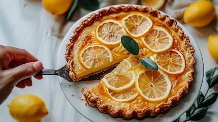   A tight shot of a pie on a plate, garnished with sliced lemons A hand holds a knife as its owner prepares to slice the pie - obrazy, fototapety, plakaty