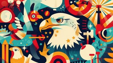 Traditional American symbols such as the bald eagle, historical instruments and folklore elements in a contemporary art style poster. Labor Day - a tribute to American work culture - obrazy, fototapety, plakaty