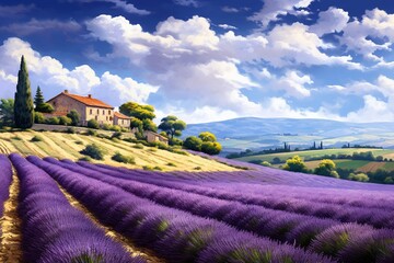 Lavender field illustration with a house in the background