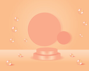 3D background in studio room rendered with realistic orange 3d cylinder podium pedestal stage, arch shape, half circle backdrop and glowing sphere balls. Minimal wall scene for product showcase