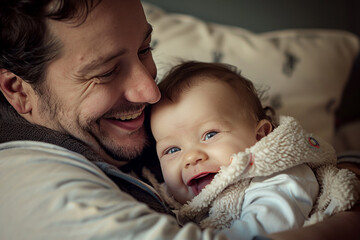 A father and baby having a laughter-filled tickle session