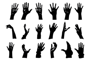 Vector illustrations of hands in various poses, including silhouettes and raised fingers for voting or volunteering gestures