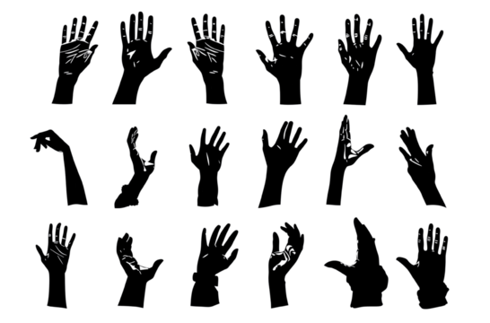 Vector illustrations of hands in various poses, including silhouettes and raised fingers for voting or volunteering gestures