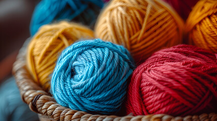 Closeup of colorful yarn clews in a basket